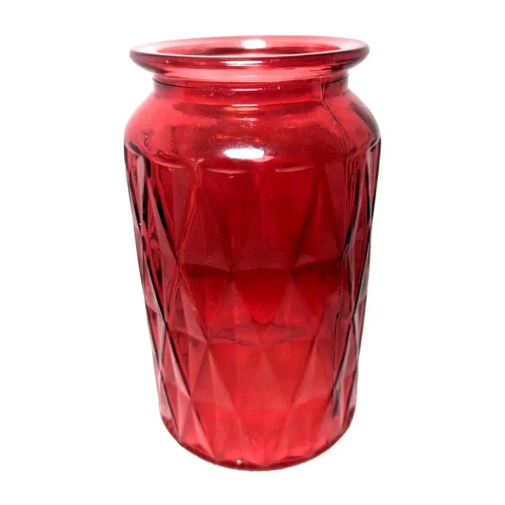 Boutique Diamond Vase Ruby Red Color Glass Jar Geometric Pattern 7 x 4-inch Gift